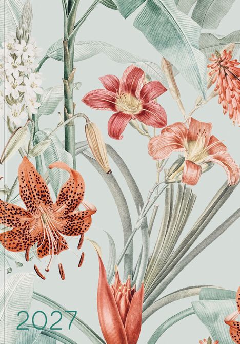 „2027“ in grünem Text. Illustration mit roten Lilien und grünen Blättern auf hellem Hintergrund.