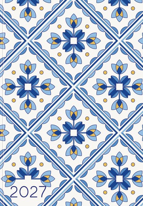 "2027" unten links auf einem Muster aus blauen und gelben Blumen in Rauten.
