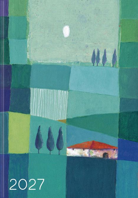 "2027" ist sichtbar. Eine abstrakte Landschaft mit grünen Feldern, Zypressen und einem Haus mit rotem Dach.