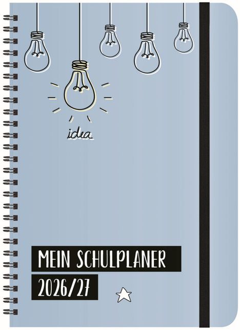 „Mein Schulplaner 2026/27“, „idea“. Illustration von hängenden Glühbirnen, eine leuchtet, blaue Spiralbindung.