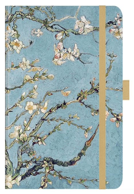 Blaues Hintergrundbild mit blühenden Zweigen und weißen Blüten. Rechteckige Form mit Gummiband an der Seite.