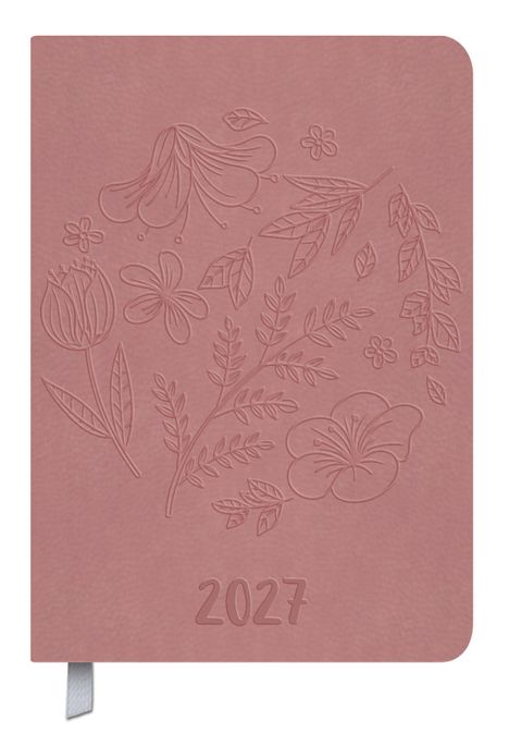 Text "2027". Rosa Cover mit geprägtem floralen Muster. Weißes Stoffbändchen unten links.