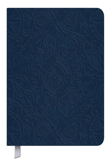 Text: "2027". Dunkelblaue Oberfläche mit floralem, geprägtem Muster. Ein Stoffbändchen unten sichtbar.