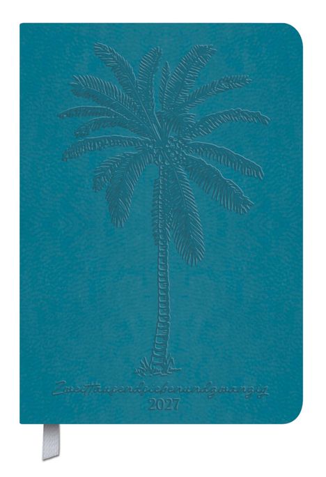 "Zweitausendsiebenundzwanzig 2027". Eine Prägung einer Palme auf einem blauen Hintergrund.