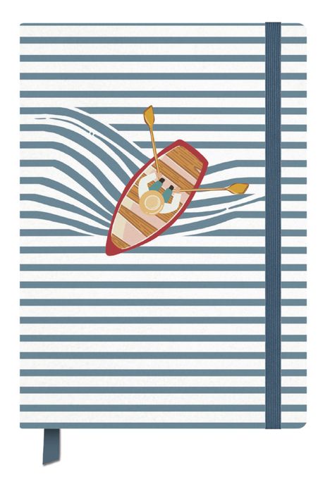 Ein Ruderboot mit einer Person, die auf blauen und weißen Streifen rudert.