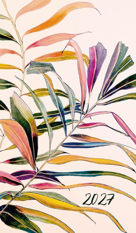 "2027" in eleganter Schrift. Eine bunte Illustration von Palmblättern mit warmen und kühlen Farbtönen.