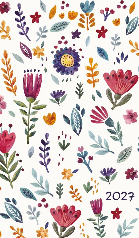 "2027" steht in stilisierter Schrift. Verspielte Blumen und Blätter in lebendigen Farben auf hellem Hintergrund.
