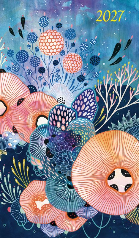 „2027“ steht oben rechts. Farbenfrohe Illustration von Blumen und Pflanzen in leuchtenden und sanften Blau-, Pink- und Orangetönen.