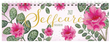 "Selfcare 2027 Katja Reiter" in geschwungener Schrift, umgeben von rosa Blüten und grünen Blättern, Illustration.
