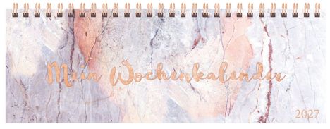 „Mein Wochenkalender 2027“ ist in eleganter Schrift auf marmoriertem Hintergrund geschrieben.