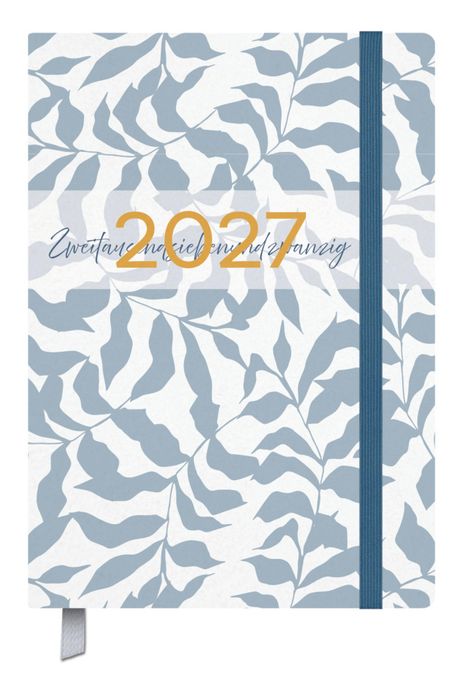 „2027 Zweitausendsiebenundzwanzig“ in goldener und blauer Schrift, mit blauen Blättern auf weißem Hintergrund.
