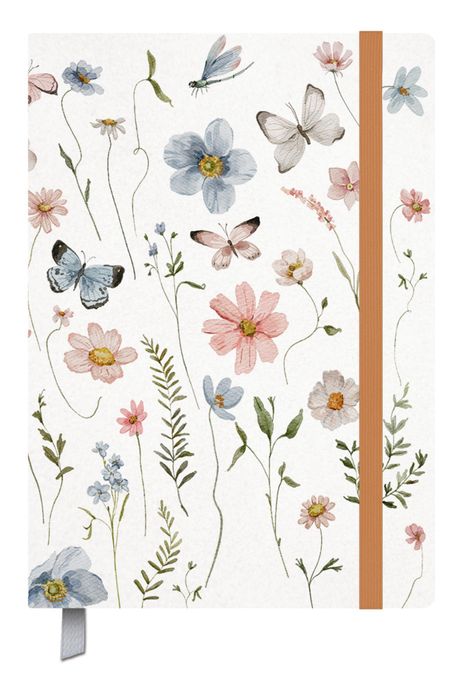 Keine sichtbaren Texte. Eine Illustration mit Blumen und Schmetterlingen in sanften Pastellfarben. Ein helles Stoffband rechts.