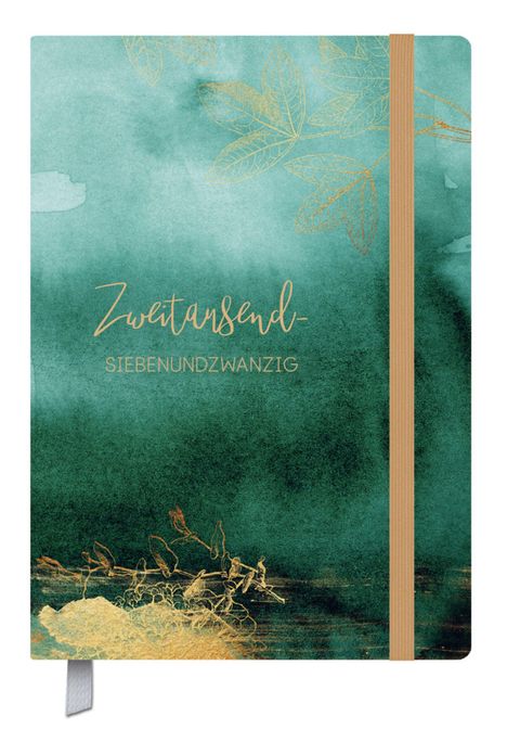 "Zweitausend-siebenundzwanzig" auf grünem Hintergrund mit goldenen Blättern. Elastisches Band an der Seite.