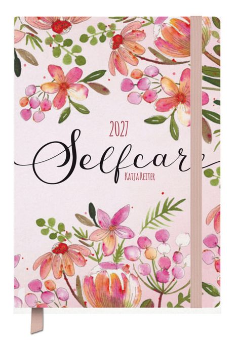 „2027 Selfcare Katja Reiter“ in eleganter Schrift auf pastellfarbenem Hintergrund mit bunten Blumenillustrationen.