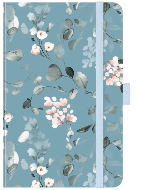 Keine Texte. Muster mit rosa und weißen Blumen und grünen Blättern auf blauem Hintergrund, mit Gummiband.