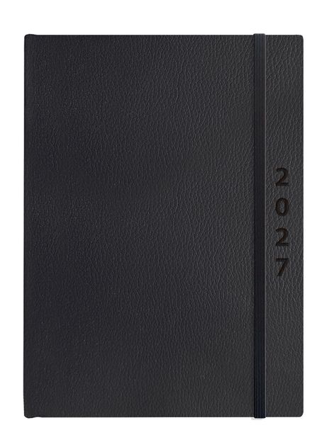 Text: "2021". Schwarzes Notizbuch mit strukturierter Oberfläche und elastischem Band.