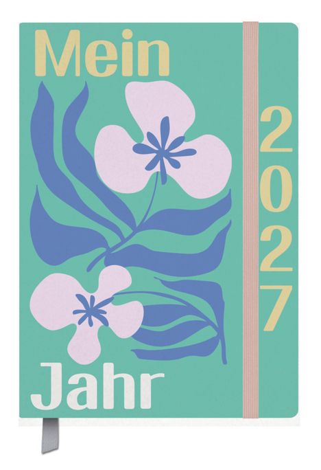 Text: "Mein Jahr 2027". Illustration von lila Blüten und blauen Blättern auf grünem Hintergrund. Beige Band am Rand.