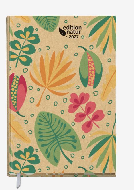 „edition natur 2027“ oben rechts. Illustrativ: Buntes Blättermuster in Grün, Orange, Rot auf beigem Hintergrund.