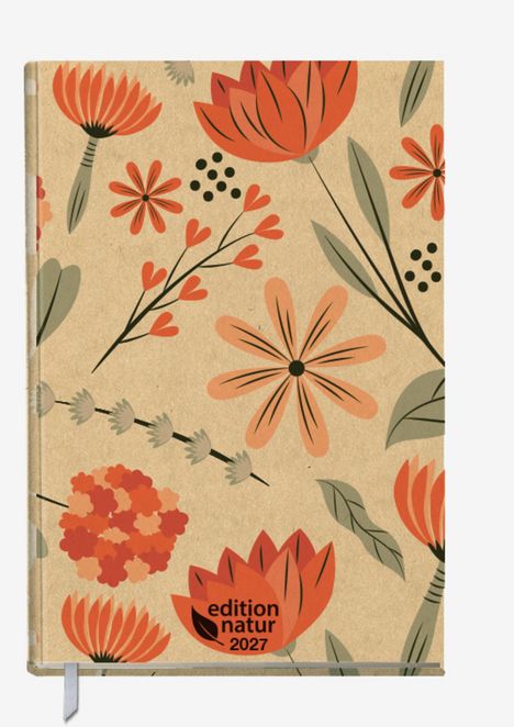 "edition natur 2027" auf floralem Muster mit roten und orangen Blüten und grünen Blättern; Naturdesign.