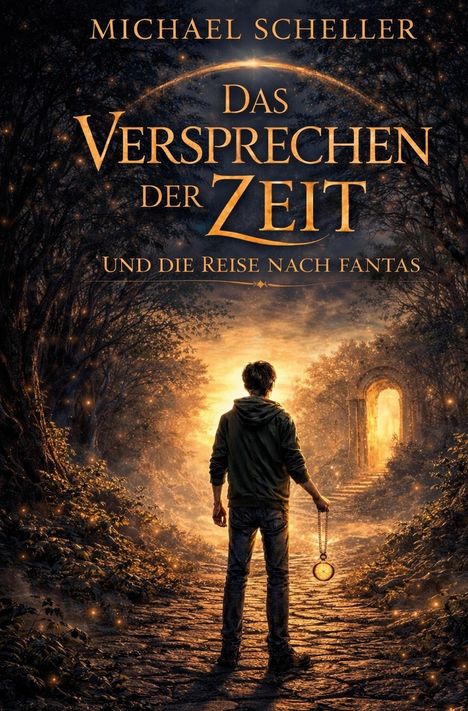 Titel: "Das Versprechen der Zeit und die Reise nach Fantas". Illustration: Eine Person hält eine Uhr, vor einem leuchtenden Tor.