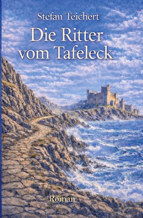 „Stefan Teichert – Die Ritter vom Tafeleck – Roman“. Eine Burg steht majestätisch auf einer Klippe mit stürmischem Meer.