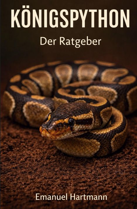 „Königspython: Der Ratgeber“ von Emanuel Hartmann. Eine Königspython liegt zusammengerollt auf brauner Erde.