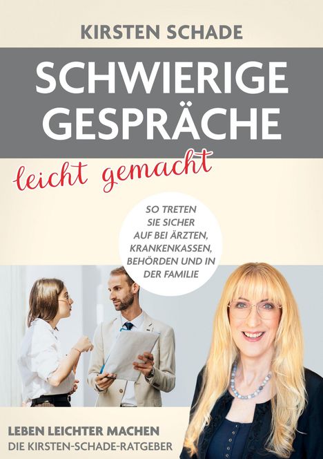 Text: "Kirsten Schade - Schwierige Gespräche leicht gemacht." Zwei Personen im Gespräch und eine lächelnde Frau.