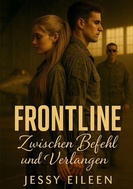 "FRONTLINE: Zwischen Befehl und Verlangen. Jessy Eileen." Eine Frau und ein Mann Rücken an Rücken, beide in Uniform.