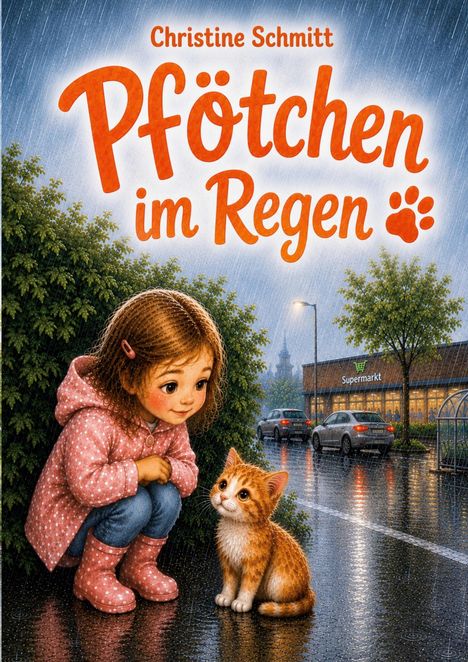 Text: "Christine Schmitt, Pfötchen im Regen". Illustration: Ein Kind in pinkem Regenmantel und Stiefeln hockt bei einer Katze im Regen.
