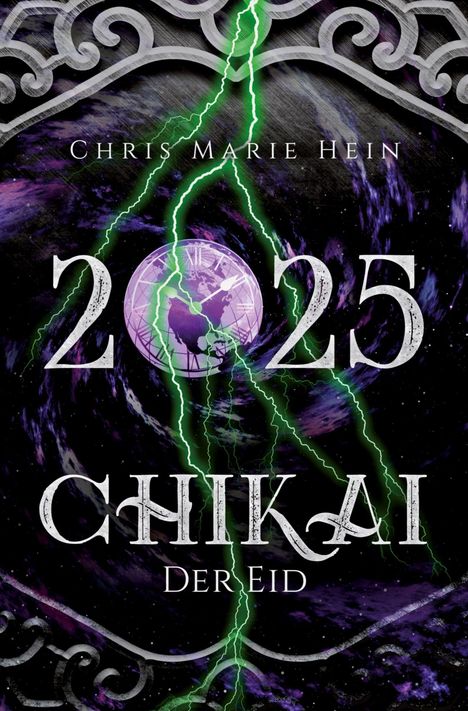 "2025 CHIKAI Der Eid" steht vor lila, grüner Galaxie und Blitzen. Verschnörkelte graue Ränder oben und unten.
