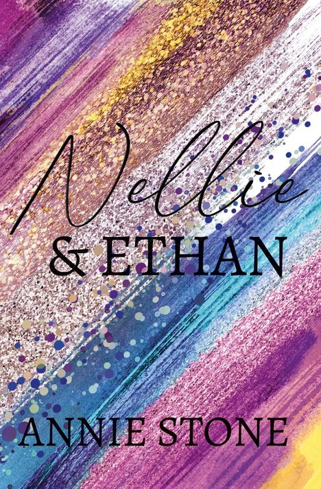 "Nellie & Ethan, Annie Stone." Farbenfrohe Pinselstriche und Punkte in Lila, Blau und Gold.