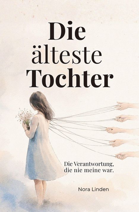 "Die älteste Tochter. Die Verantwortung, die nie meine war. Nora Linden." Aquarell einer Frau mit Blumen, umhüllt von Fäden.