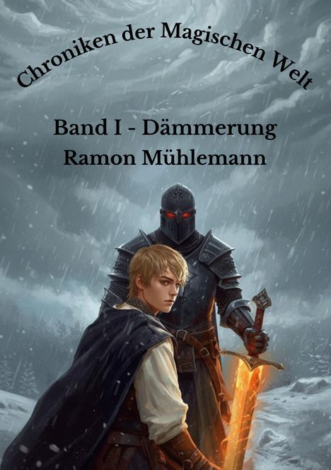 „Chroniken der Magischen Welt Band I – Dämmerung Ramon Mühlemann“ steht über einem Krieger und einem Ritter im Schnee.