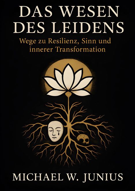 "Das Wesen des Leidens. Wege zu Resilienz, Sinn und innerer Transformation. Michael W. Junius." Illustration: Lotus, Wurzeln, Maske.
