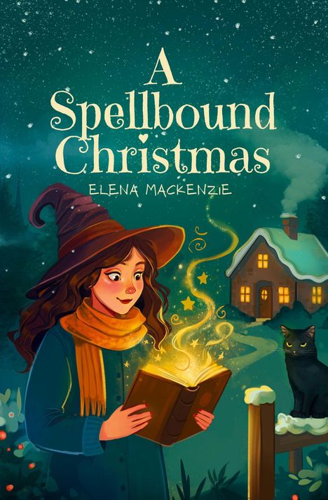 Text: "A Spellbound Christmas, Elena Mackenzie." Eine Hexe liest ein magisches Buch; ein Haus und eine Katze im Hintergrund.