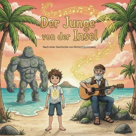 "Der Junge von der Insel." Illustrativer Stil: ein Junge, ein alter Mann mit Gitarre und ein Felswesen auf einer Insel.