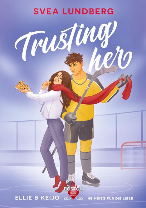 "Trusting Hero", Svea Lundberg. Illustration: Frau mit Keksen, Mann im Hockey-Outfit, beide mit Schal umarmt, Eishockey-Hintergrund.