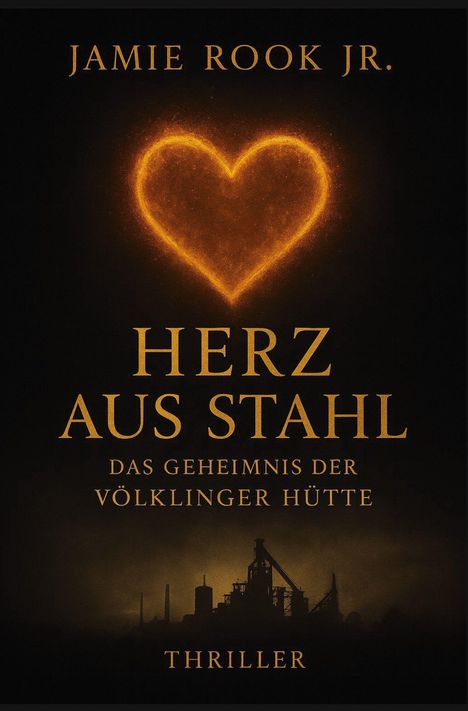 Text: "Jamie Rook Jr. Herz aus Stahl: Das Geheimnis der Völklinger Hütte. Thriller." Leuchtendes Herz, dunkler Industriehintergrund.