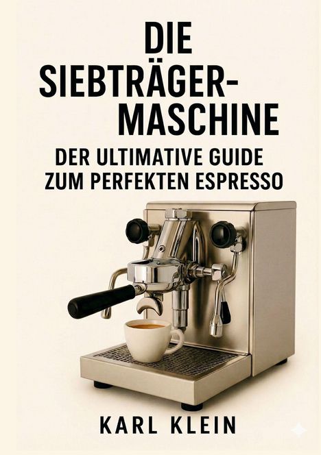 "Die Siebträgermaschine. Der ultimative Guide zum perfekten Espresso. Karl Klein." Silberne Espressomaschine mit Tasse.