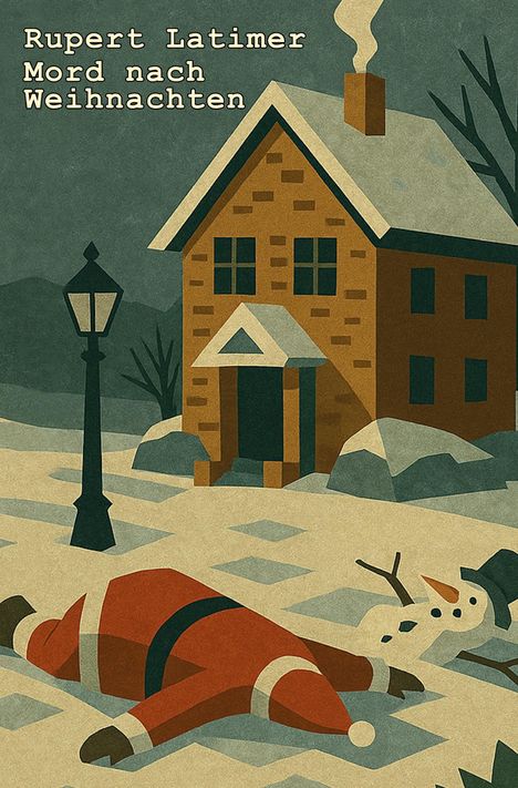 Text: "Rupert Latimer Mord nach Weihnachten". Stilisiertes Haus im Schnee, gefallener Weihnachtsmann, ein Schneemann, Straßenlaterne.