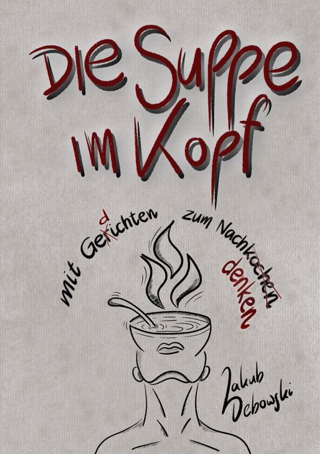 „Die Suppe im Kopf“, „mit Gedichten zum Nachdenken“, Illustration eines Kopfes mit Schüssel und Dampf. Autor: Jakub Debowski.