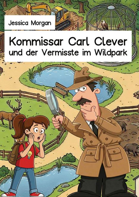 Text: "Jessica Morgan", "Kommissar Carl Clever und der Vermisste im Wildpark". Illustration: Detektiv mit Lupe, Mädchen überrascht, Wildpark im Hintergrund.