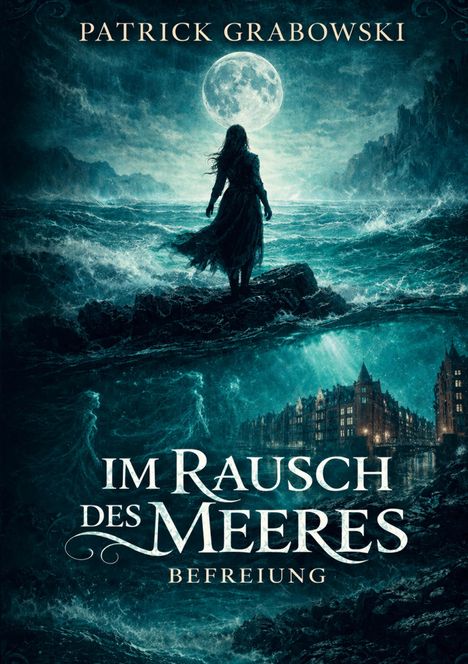 "IM RAUSCH DES MEERES: BEFREIUNG" steht über einem stürmischen Meer mit einer Frau, die auf die leuchtende Stadt blickt.
