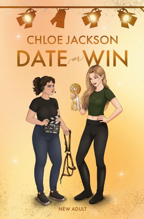 Zwei Frauen, eine hält eine Filmklappe, die andere eine Rosette. Im Hintergrund Scheinwerfer, Text: "DATE or WIN, NEW ADULT".
