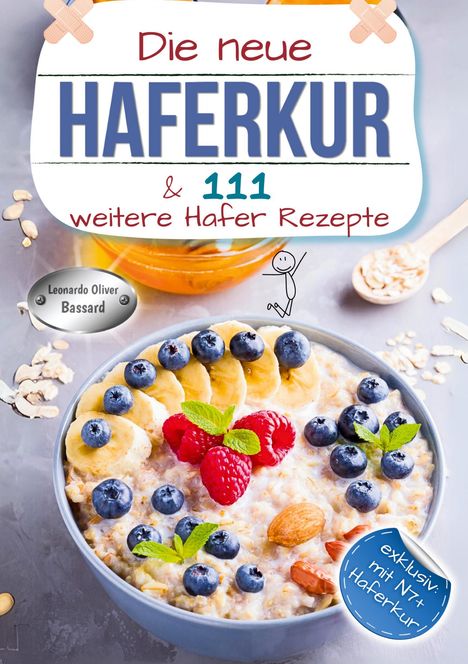 "Die neue Haferkur & 111 weitere Hafer Rezepte", Schüssel mit Haferflocken, Bananen, Blaubeeren und Himbeeren.