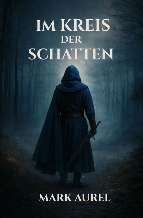 „Im Kreis der Schatten“ steht oben, „Mark Aurel“ unten. Eine Figur im blauen Umhang mit Schwert im düsteren Wald.