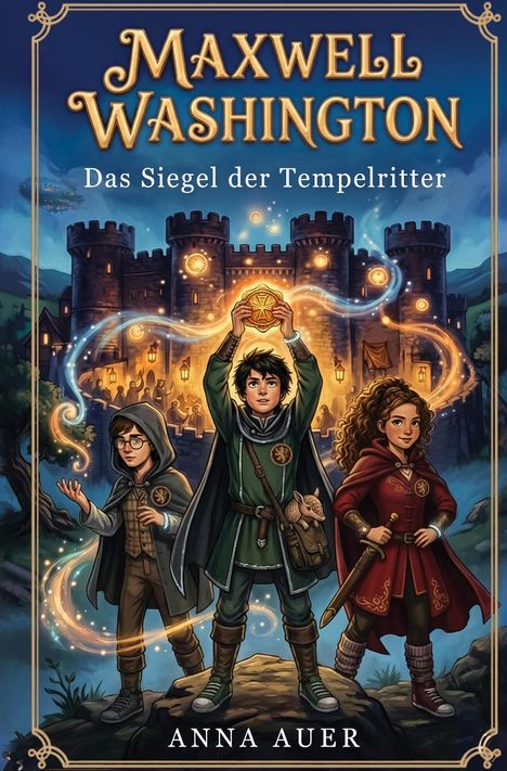 "Maxwell Washington: Das Siegel der Tempelritter" von Anna Auer. Drei junge Abenteurer vor einer Burg, Magie leuchtet.
