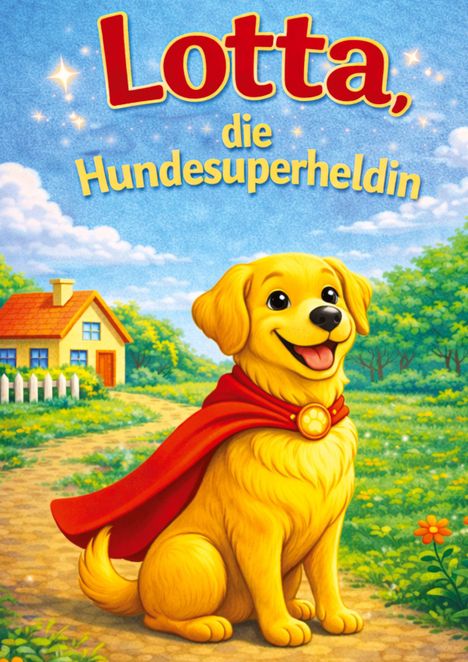 „Lotta, die Hundesuperheldin“, Illustration eines fröhlichen Hundes im roten Umhang vor einem Haus und blühender Natur.