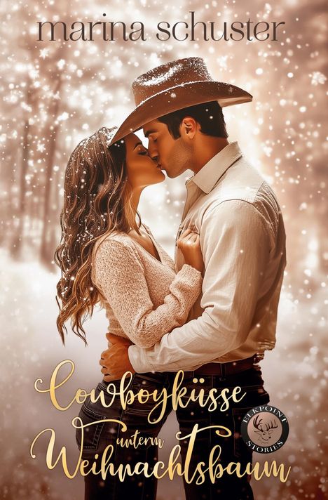 Oben: "marina schuster", unten: "Cowboyküsse unterm Weihnachtsbaum". Ein Paar in innigem Kuss, winterlich bekleidet.