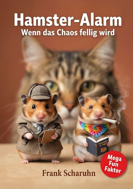 "**Hamster-Alarm: Wenn das Chaos fellig wird**" steht oben. Zwei Hamster, einer als Detektiv, einer rauchend mit Buch, vor einer Katze.